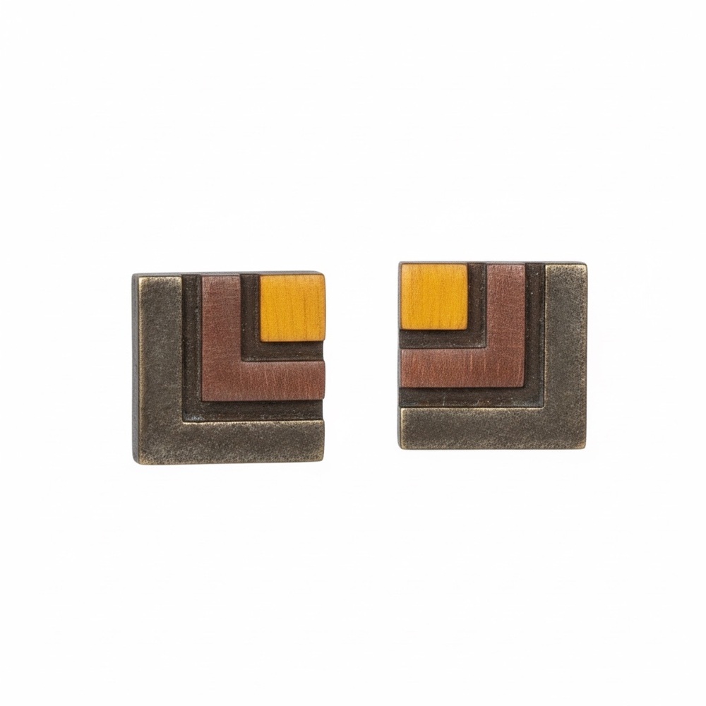 Men's Geometric Square Cufflinks in Yellow, Brown and Antique Silver